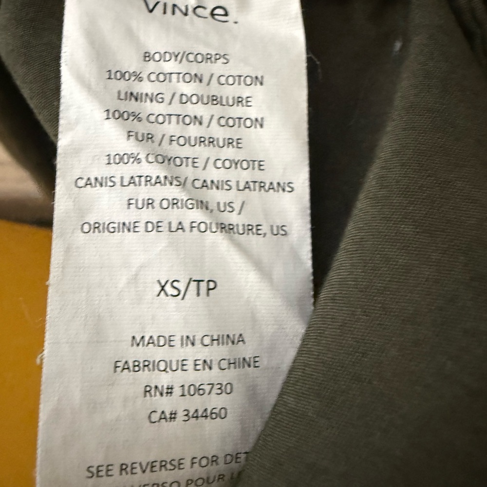 $995.00 Vince Olive Jacket with Coyote Fur Trim Hood, Size XS - Picture 7 of 8
